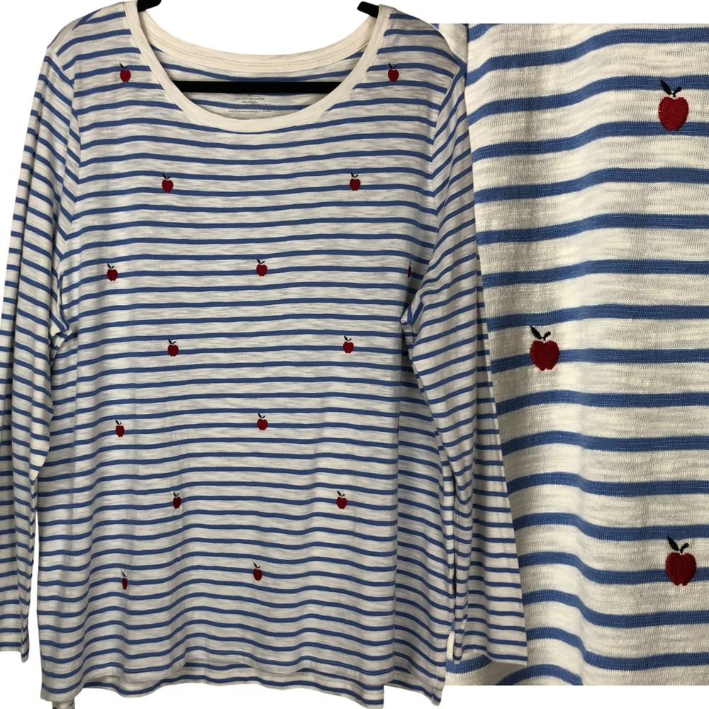 NEW Talbots‎ Womens Apple Embroidered Striped Tee Size 2X Teacher Novelty Print